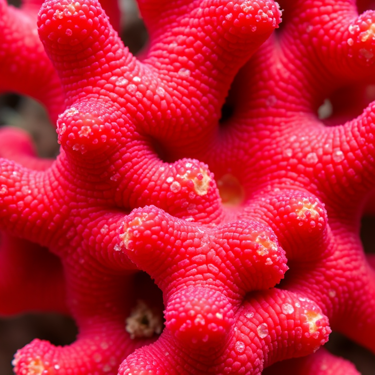 Regenerate a vibrant red coral structure with intricate textures and details, captured using a macro lens, at f/2.8 aperture for a shallow depth of field, ISO 100 for minimal noise, with a focal length of 100mm, in natural light to enhance colors.