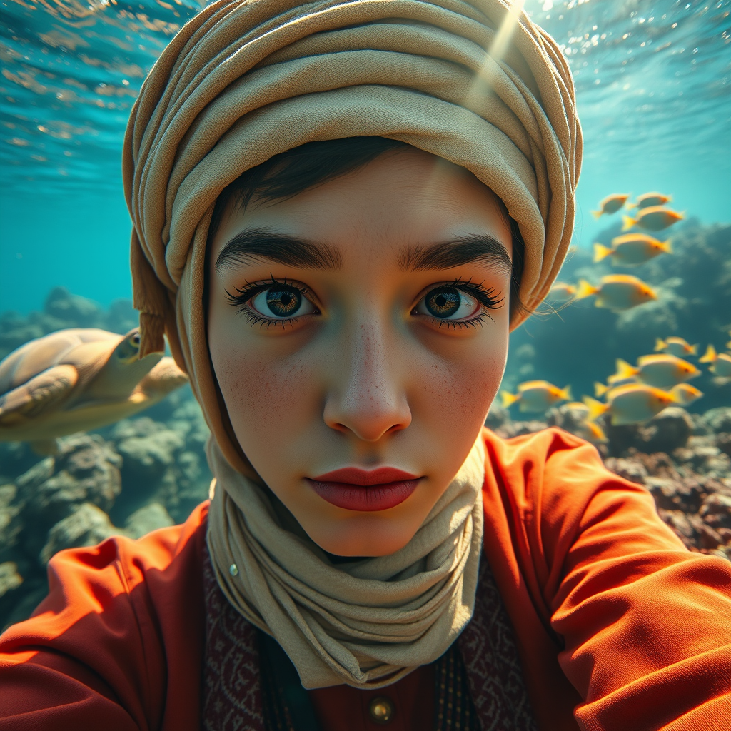 Realistic selfie image of a Coptic, wearing a vintage outfit, detailed dreamy eyes, droopy hooded eyes, staring at the camera, taken underwater at coral reef with a sunbeam filtering through the water, vibrant, summer vacation, natural lighting, turtle and school of tropical fish with vibrant colors, rendered in the style of CryEngine, Pegi Nicol MacLeod, with realistic genre scenes, hauntingly beautiful narratives, ultra-realism, and Thomas Saliot's close-up technique, 8K resolution, crystal clear and sparkling water.