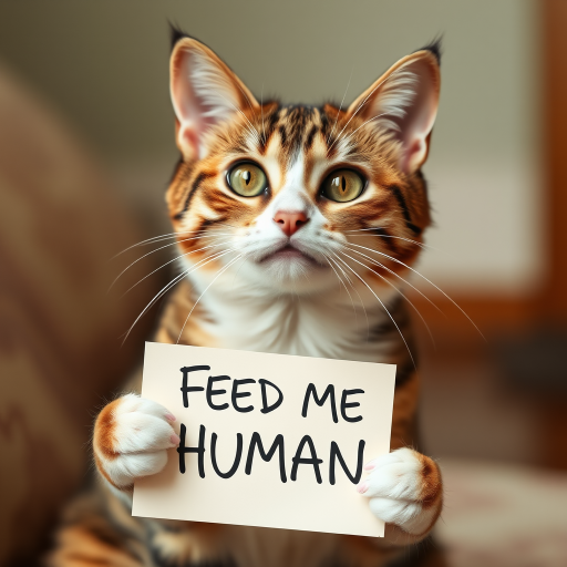cat holding a note which says "FEED ME HUMAN"