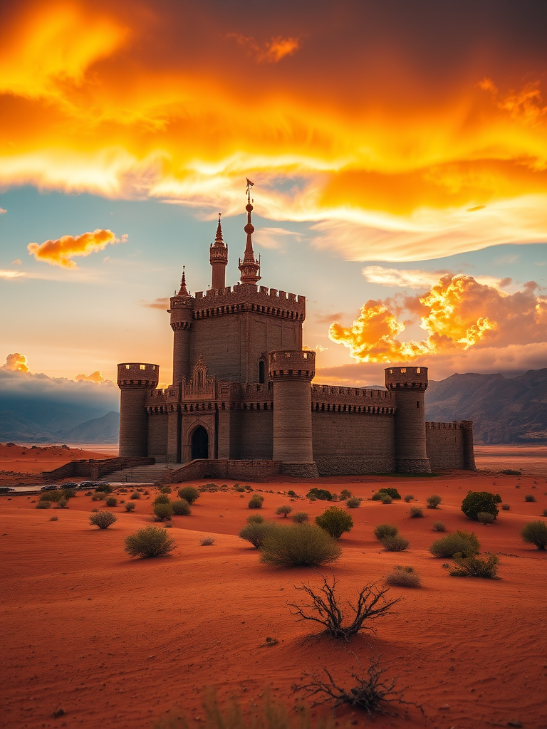 regenerate the image of a majestic castle in a desert landscape at sunset with dramatic clouds, using a Canon EOS R5 camera with a 24-70mm f/2.8 lens, aperture set to f/8, ISO 100, shutter speed 1/200s, shot from a low angle to emphasize the castle's height and grandeur, in a cinematic style with vibrant colors and rich details