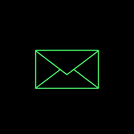 Create an image of a green outlined envelope on a plain black background, using a DSLR camera with a 50mm lens, aperture set to f/2.8, ISO 100, and a shallow depth of field for a soft background blur.