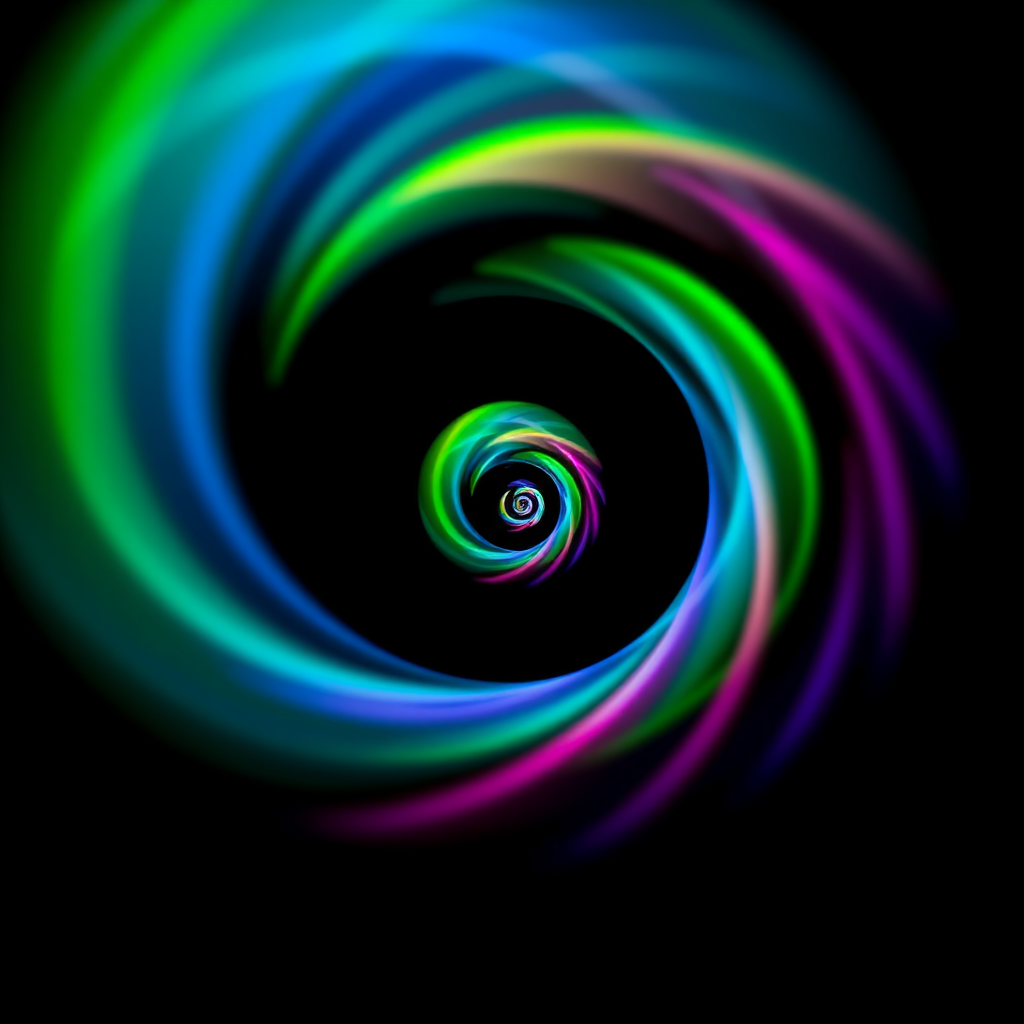 Create a colorful spiral pattern with vibrant hues of green, blue, and purple on a black background, using a Canon EOS R5 camera, 50mm lens, f/2.8 aperture, ISO 100, and a long exposure of 4 seconds for enhanced detail and smoothness.