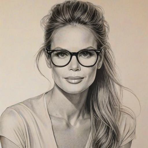 Exquisite Elle Macpherson, pencil sketch, portrait of Delightful woman 1955s in glasses, hair style beatnik, outline, clear lines, fine lines, 8k