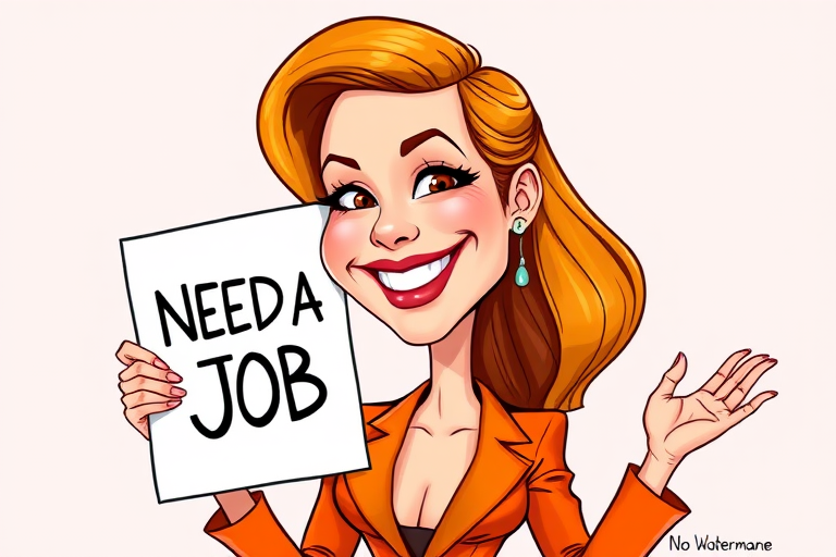 caricature of a smiling Emma Stone in a Tangerine dress or suit, holding up a sign that says "NEED A JOB", no watermark,