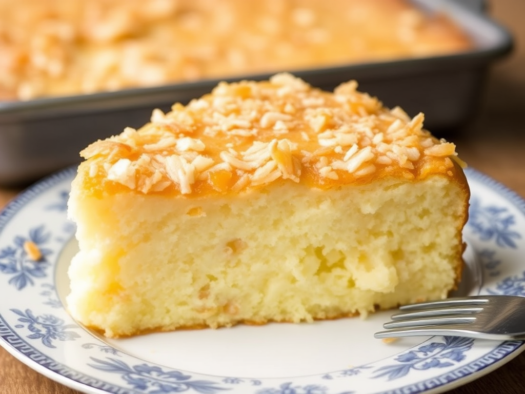 A close-up image of a slice of moist coconut cake with a golden brown topping served on a decorative blue and white plate with a fork beside it, with a tray of the cake in the background.