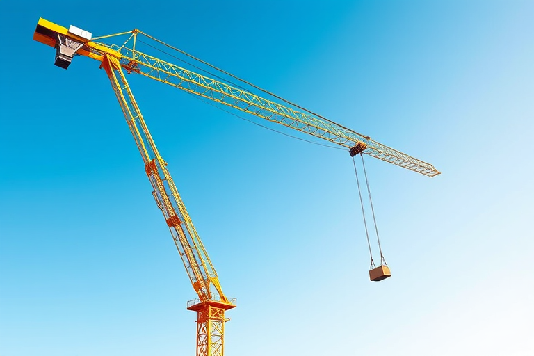 Create a high-resolution illustration of a construction crane lifting a heavy load, captured with a 50mm lens at f/8 aperture, 1/200 shutter speed, ISO 100, in a clear blue sky setting, using a digital SLR camera for sharp details and vibrant colors.
