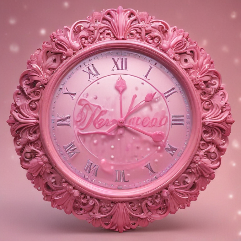 Whimsical Pink Clock with Elegant Design and Sparkling Background Elements