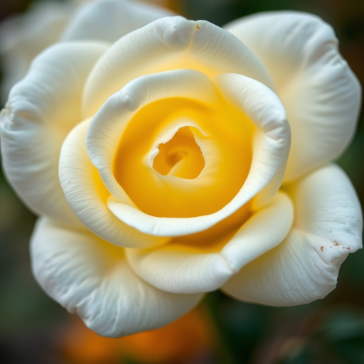 Close-up shot of a white rose with a soft yellow center, shot with a DSLR camera, 50mm lens, f/2.8 aperture, ISO 100, natural lighting, shallow depth of field, vibrant colors against a blurred background.