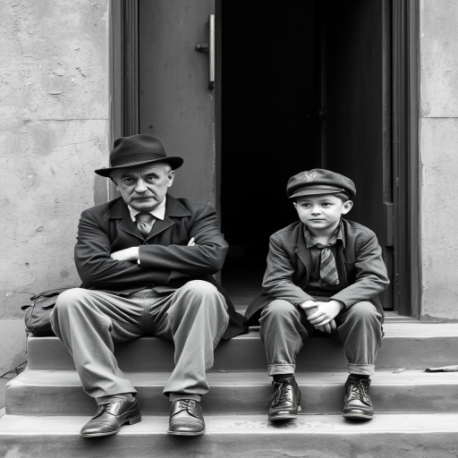 A black-and-white photograph of a man and a child sitting on steps in front of a doorway. The man is dressed as a tramp with a bowler hat, mustache, and ragged clothes, reminiscent of Charlie Chaplin's iconic look. He is sitting with his arms crossed and an expression of slight sadness or frustration. Next to him is a young boy, also in worn clothes and a cap, sitting with his hands clasped, looking thoughtful. The background is an old, textured wall and a partially open door, creating a vintage, early 20th-century atmosphere.