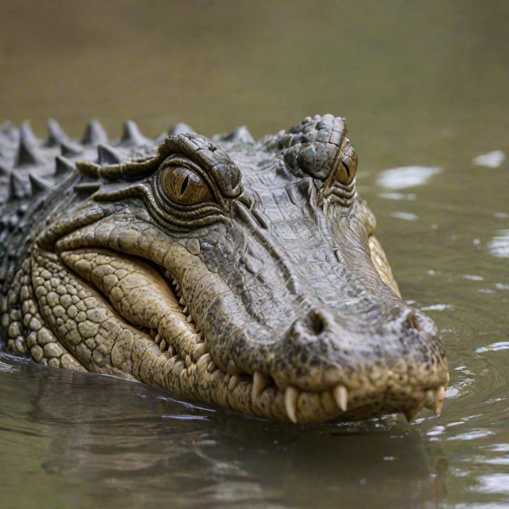 a close-up of a crocodile's head partially submerged in water, showcasing its textured skin and piercing eyes, with a blurred natural background