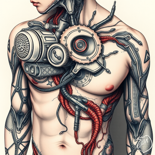 Biomechanical "Techno-Organic Fusion" tattoo artwork blending mechanical components with organic tissues to create a seamless cyborg-like aesthetic with intricate detailing and shading techniques