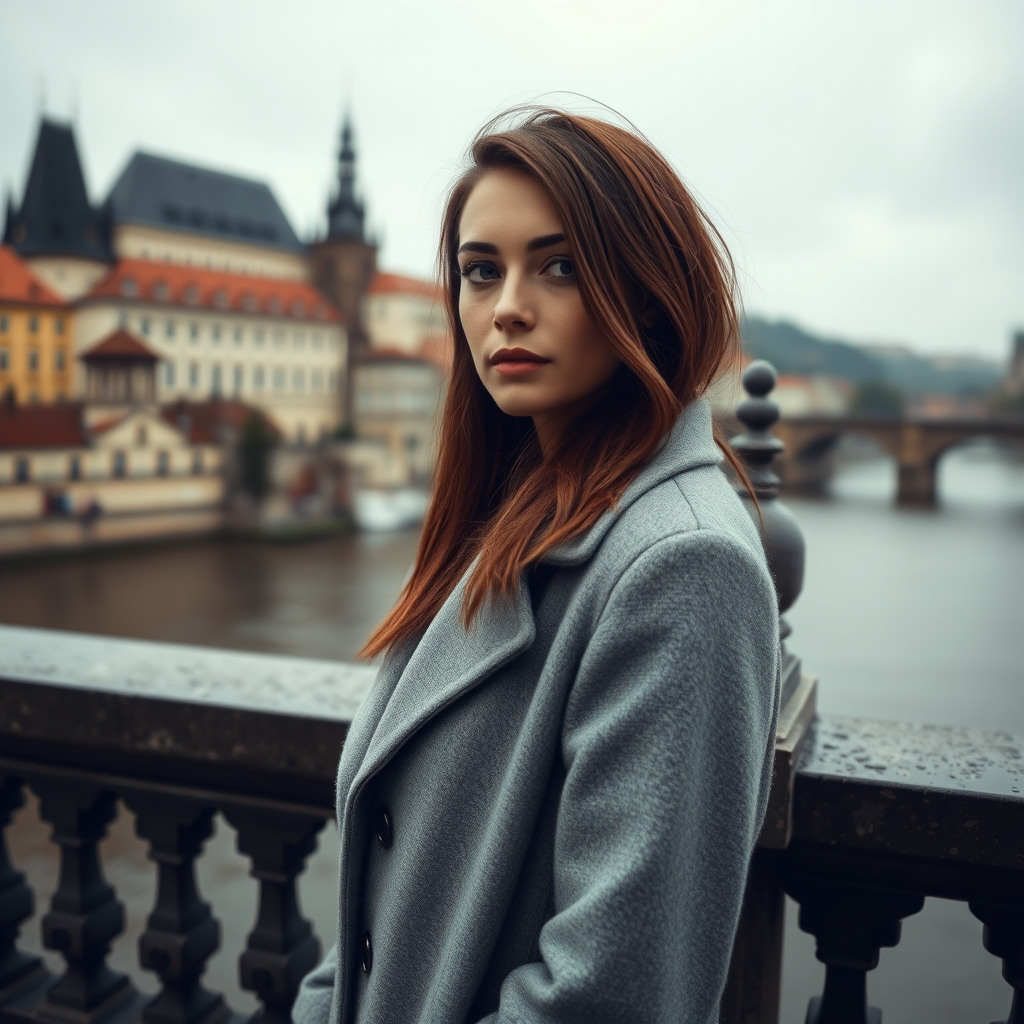 cinematic photo from above, waist up shot, sharp focus, a beautiful woman in foreground, in Prague, at the Charles Bridge, river in background, overcast rainy day, wearing long grey wool coat, warm rich color palette