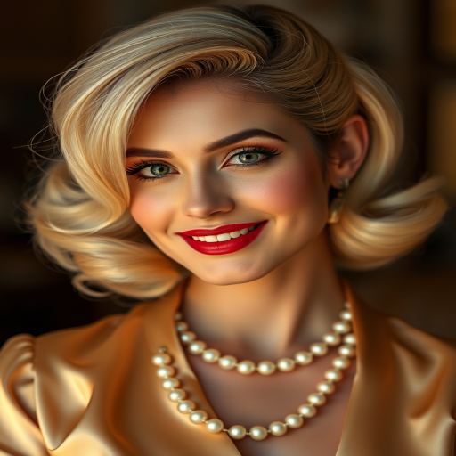 A beautiful Pakistani woman reminiscent of 1950s Hollywood glamour, with perfectly styled blonde hair and a seductive smile, dressed in a satin blouse and adorned with pearls, soft and warm tones, photorealistic, 8K