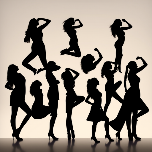 Create an image of diverse silhouettes of women in various poses, captured with a Canon EOS R5, lens 24-70mm f/2.8, aperture f/5.6, shutter speed 1/200s, against a soft gradient background for enhanced image quality.
