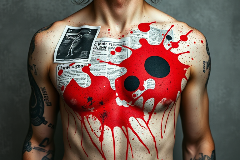 Striking trash polka style chest piece combining bold red splatters with photorealistic black and gray elements, featuring torn newspaper clippings and abstract shapes