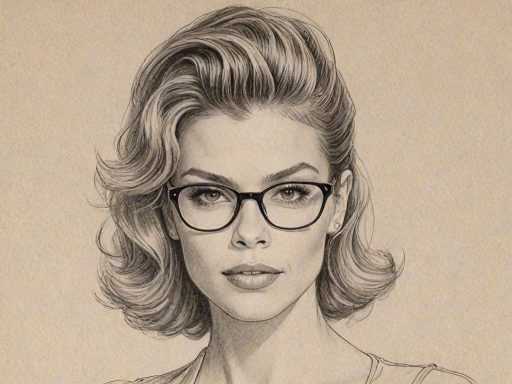 Appealing Annalynne McCord, pencil sketch, portrait of Comely woman 1948s in glasses, hair style beatnik, outline, clear lines, fine lines, 8k