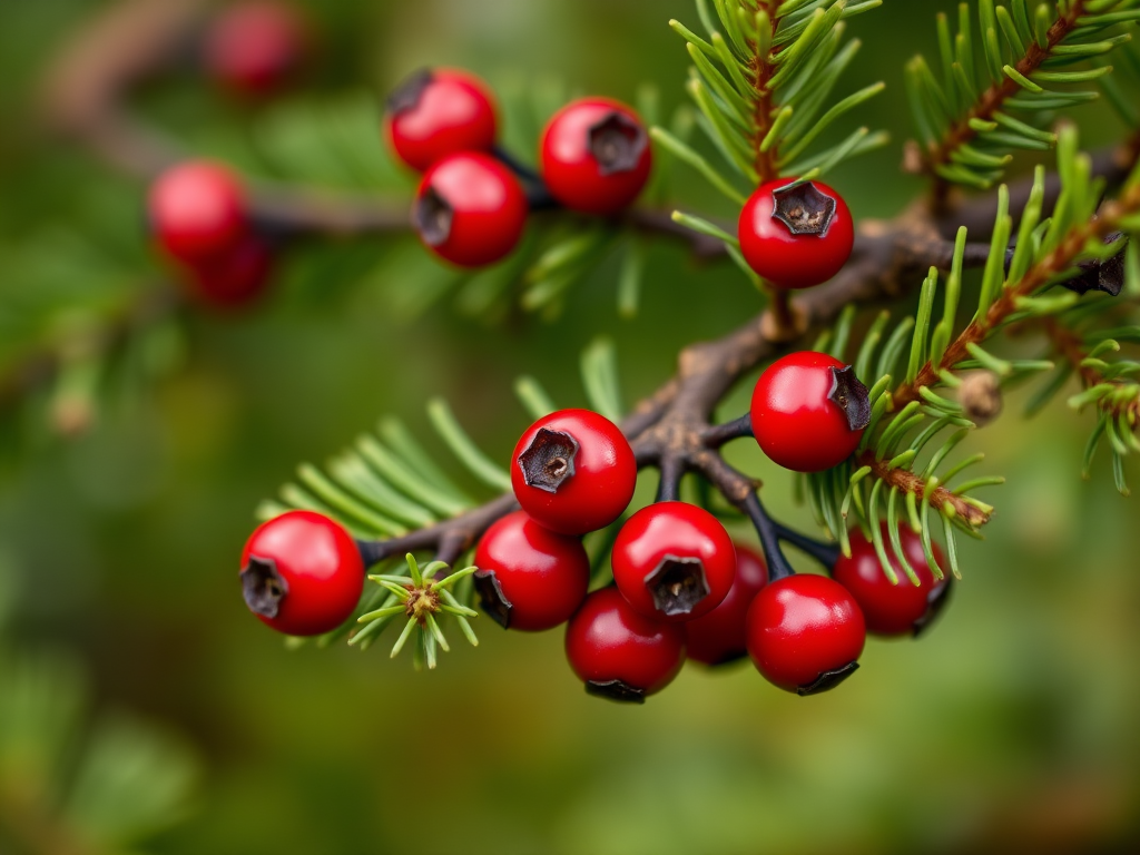 close-up of red berries on green evergreen branches, macro photography, aperture f/2.8, shutter speed 1/200s, ISO 100, 50mm lens, natural light, shallow depth of field