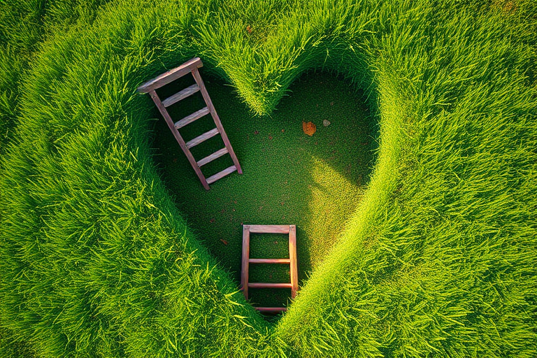 create a vibrant illustration of a heart-shaped hole in green grass with a wooden ladder leading down, using a Canon EOS R5, 50mm lens, f/1.8 aperture, ISO 100, aperture priority mode, top-down view, high dynamic range for enhanced detail and contrast.
