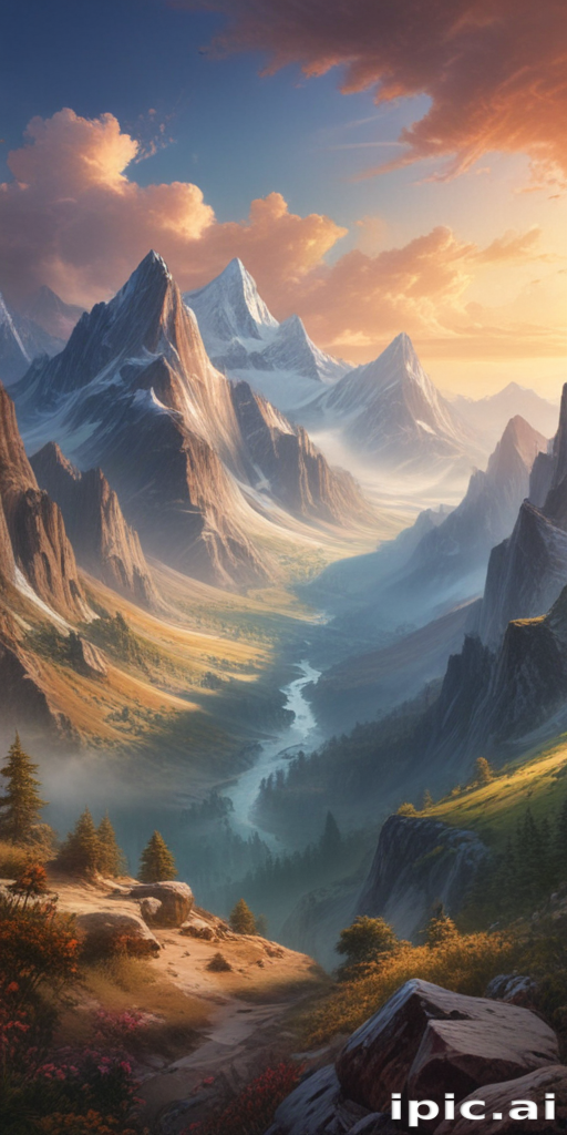 Majestic Mountain Landscape at Sunrise with Serene River Flowing Below