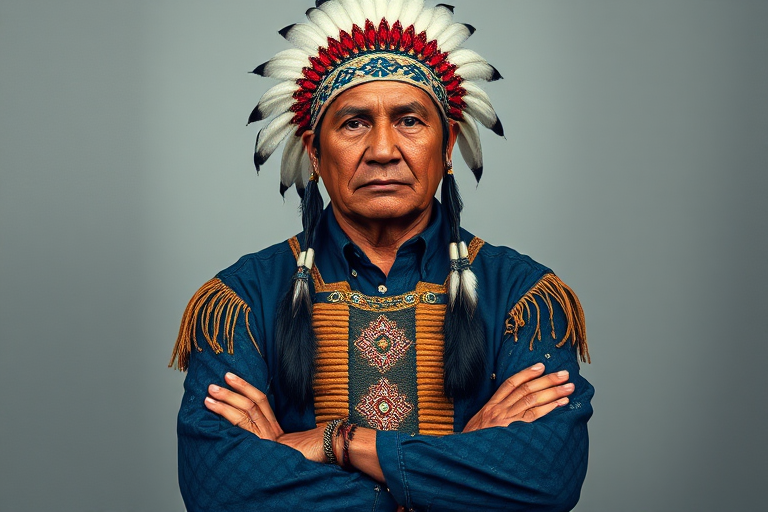 Create a dignified portrait of a Native American man dressed in traditional attire. He wears a beautifully crafted headdress adorned with white feathers and red beads, along with a beaded headband featuring intricate patterns. His clothing includes a deep blue, patterned shirt and a traditional chest piece with detailed beadwork. His arms are crossed, displaying leather armbands decorated with feathers. The background is simple and neutral, emphasizing his proud and stoic expression. The overall image captures the rich cultural heritage and strength of his persona.