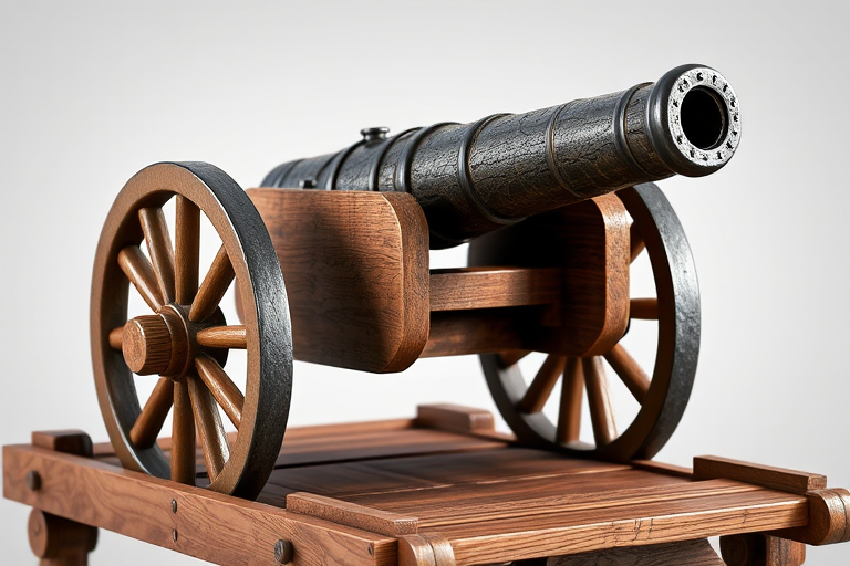 Regenerate a detailed 3D rendering of a vintage cannon on a wooden carriage with realistic textures, soft diffused lighting, using a DSLR camera with a 50mm lens, aperture f/2.8 for shallow depth of field, ISO 100, and a standard view.
