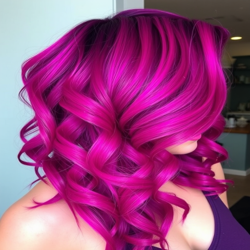 Bold magenta to purple ombré titled "Cosmic Fusion" styled in voluminous curls with a side-swept part and shimmering glitter accents throughout