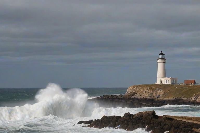 Deserted lighthouse perched on a rocky cliff, waves crashing against the rocks below, a woman stands at the base of the lighthouse, her scarf blowing in the strong wind as she gazes out at the sea.