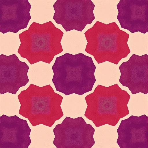 Create a seamless hexagonal pattern featuring alternating shades of purple, red, and gray on a beige background, captured with a DSLR camera at f/8, ISO 100, 50mm lens, overhead view, sharp focus, vibrant colors.