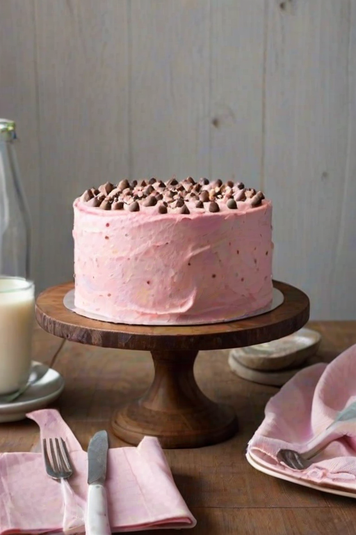 Create an image of a tall, round cake with a smooth pink frosting. The cake should be adorned with small chocolate dots evenly spaced around its sides. It is placed on a wooden cake stand, with a simple background featuring a glass bottle of milk and a jar of chocolate chips nearby. The scene should have a clean and inviting aesthetic.
