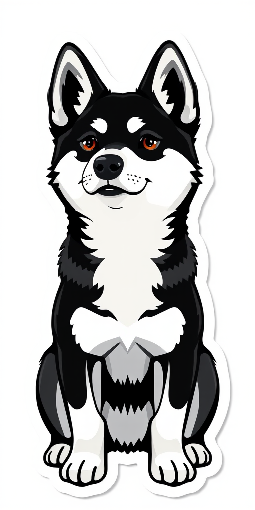 generate sticker, 3D black and white yakutian laika dog breed, black background