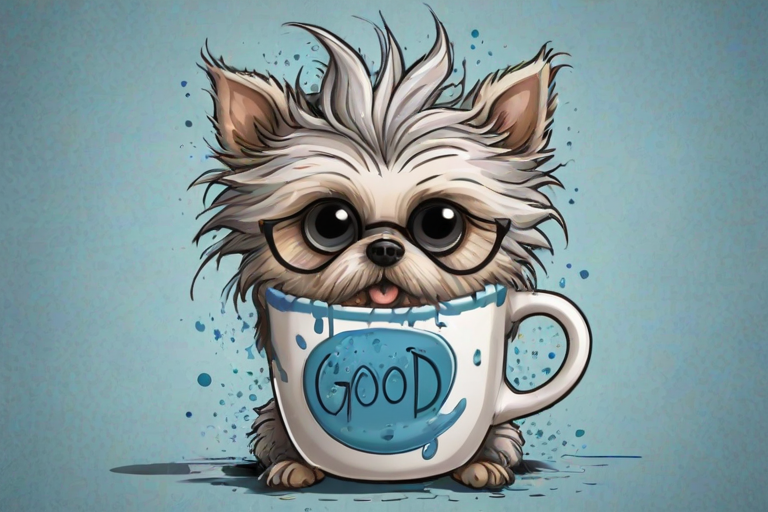 A quirky, artistic illustration of a disheveled peekapoo dog breed with exaggerated, large eyes and spiky fur, holding a coffee mug that reads "Good Morning". The dog has a tired but humorous expression, with ink splatters and abstract details surrounding it, giving a whimsical feel to the image. The color palette is mostly monochrome with hints of blue in the eyes and steam rising from the mug, enhancing the overall sleepy vibe