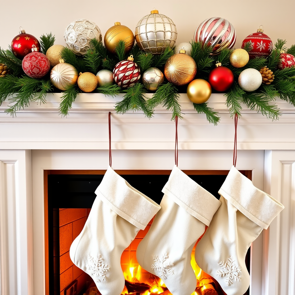 Generate a cozy holiday scene featuring a fireplace adorned with festive stockings. The stockings should be white with decorative patterns like snowflakes. Above the stockings, display a collection of beautifully designed Christmas ornaments in various colors and textures, including some with gold accents. Add some greenery and pinecones to enhance the festive atmosphere.