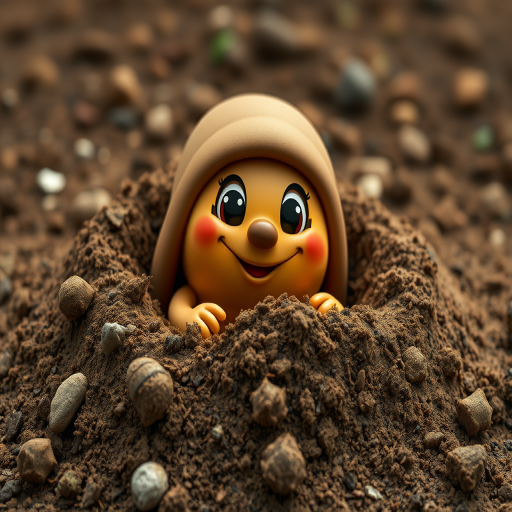 A cartoon mole character emerging from a pile of dirt, bright colors, high contrast, 50mm lens, f/2.8 aperture, 1/60 shutter speed, DSLR camera, close-up view, vibrant style