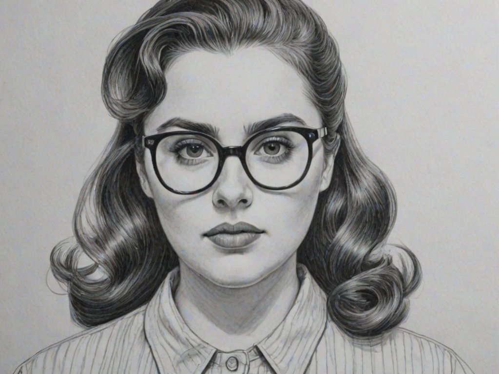Superb Beanie Feldstein, pencil sketch, portrait of Pleasing woman 1952s in glasses, hair style beatnik, outline, clear lines, fine lines, 8k