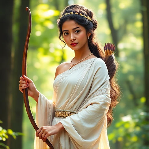 Create a portrait of a goddess-like Nepali girl figure in a tranquil, forested environment. She has an elegant appearance with long, wavy hair styled in an updo and adorned with a delicate, floral headband. She wears a flowing, ancient Greek-inspired gown in a soft, pale color, featuring a one-shoulder design and draped fabric that accentuates her graceful form. The outfit includes a decorative belt with ornate gold detailing, and she holds a bow in her hand, with a quiver of arrows slung over her shoulder. The background depicts lush greenery, with sunlight filtering through the trees, casting a gentle, ethereal light on the scene. Her expression is calm and contemplative, embodying a sense of wisdom and serenity.