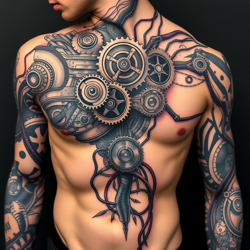 Biomechanical tattoo titled "Cyber Fusion" merging hyper-realistic mechanical components with organic forms seamlessly blending gears wires and circuitry with human anatomy in a futuristic and visually striking manner
