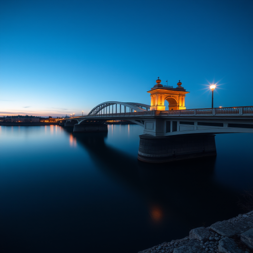 Capture a serene twilight scene of a bridge over still waters with soft glowing lights, using a Canon EOS R5 camera, 24mm lens, f/8 aperture, ISO 100, 30 seconds shutter speed, shot from a high vantage point to emphasize the bridge's architecture and reflections in the water.