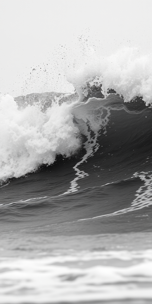 Capture a dramatic black and white image of crashing ocean waves with high contrast, using a DSLR camera at f/8 aperture, ISO 100, and a shutter speed of 1/500 seconds, from a low angle wide shot to enhance the dynamic movement of the water and highlight the textures in the waves.