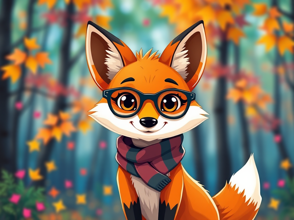 Generate a vibrant illustration of a whimsical scene featuring a cartoon fox wearing glasses and a scarf, set against a colorful forest background, captured with a Canon EOS R5, 50mm f/1.2 lens, in HDR style, with a shallow depth of field to enhance detail and colors.