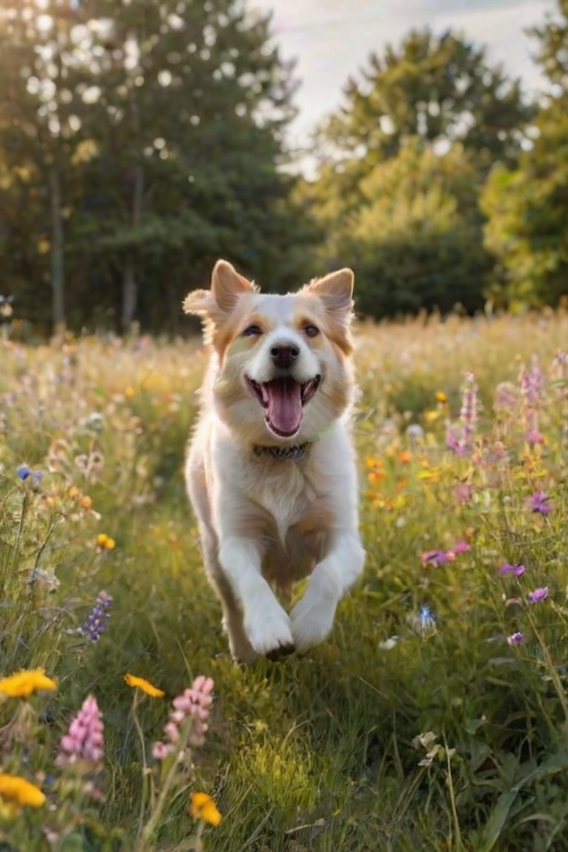 Blurry, candid shot of a dog running through a field of wildflowers, ears flapping in the wind, joyful expression on its face, sunlight filtering through the trees, a distant farmhouse barely visible, soft breeze rustling the flowers.