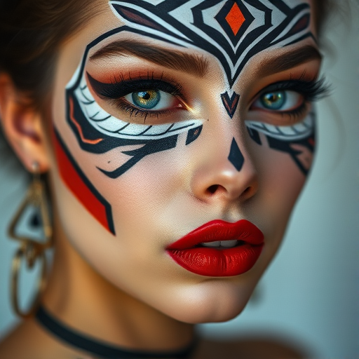 Create a high-contrast portrait of a woman with intricate geometric face paint and bold red lips, capturing her in a close-up with a soft focus background, using a Canon EOS 5D Mark IV with an 85mm f/1.2 lens, aperture set to f/1.8, ISO 100, and a shutter speed of 1/200s.