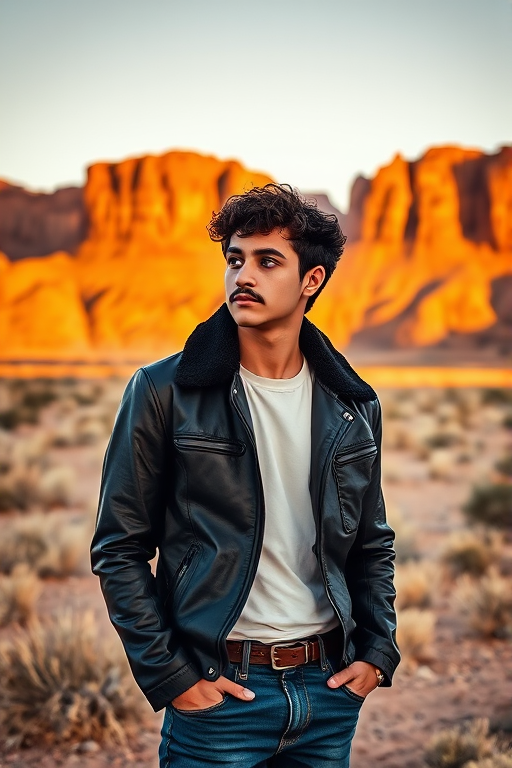 Medium shot photo of a young man with a light olive skin tone standing in a vast, open desert landscape during the golden hour. He has curly dark brown hair and a short mustache, with a thoughtful expression as he gazes into the distance. He wears a dark leather jacket with a black fur collar over a plain white t-shirt, paired with blue jeans and a belt, giving him a casual, rugged look that matches the natural surroundings. The background features rocky red cliffs and a wide expanse of dry grasses and shrubs, typical of an arid region, bathed in warm sunlight that casts a reddish glow on the rock formations and enhances the earthy tones of the scene. The natural lighting emphasizes the textures in both the landscape and his clothing, creating an atmospheric image that captures the solitude and beauty of the desert setting