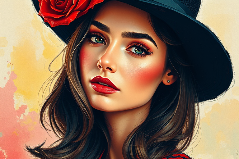 portrait of a woman with a black hat and red rose, vivid colors, textured brush strokes, 85mm lens, f/2.8 aperture, ISO 100, soft focus background, digital painting style, high resolution