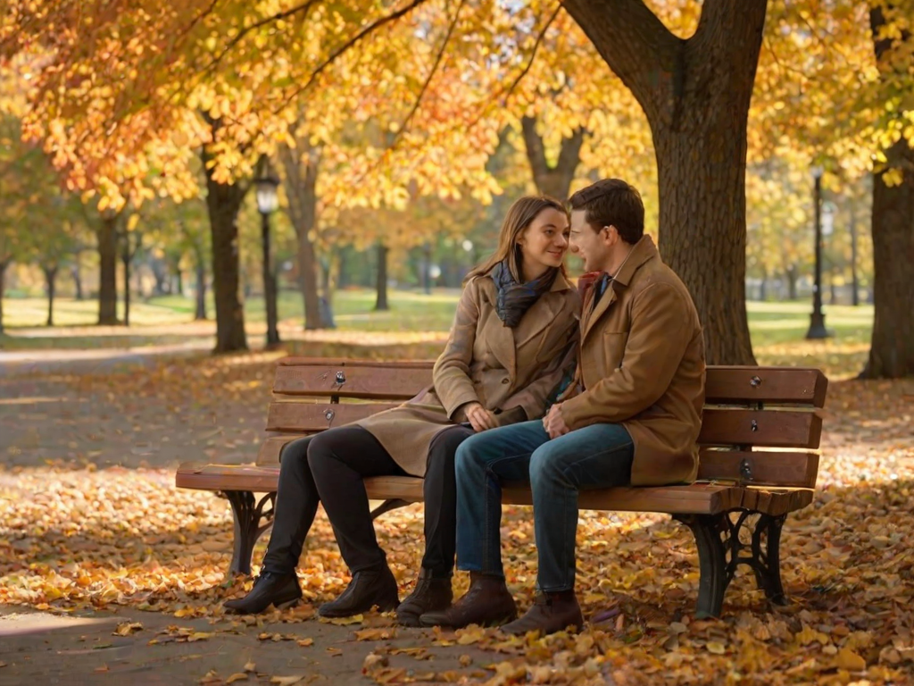 Warmly lit image of a couple sharing a quiet moment on a park bench, surrounded by falling autumn leaves, with a gentle breeze blowing through the colorful foliage.