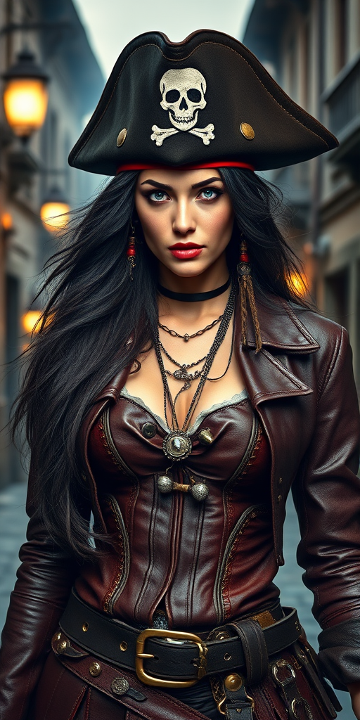 Create a portrait of a fierce female pirate. She wears a leather tricorn hat adorned with a skull and crossbones emblem, and her long, dark hair flows around her face. Her outfit consists of a richly detailed leather jacket, a corset, and multiple layers of belts and accessories, giving her a formidable and stylish appearance. She stands confidently in a dimly lit, historic port town, with a backdrop of weathered buildings and cobblestone streets, capturing the adventurous spirit of a pirate.