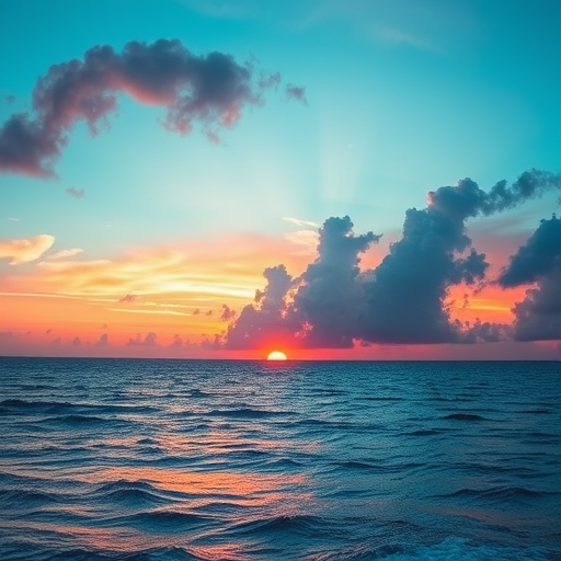 generate a vibrant sunset over an ocean with dramatic clouds and pastel colors using a DSLR camera with a 35mm lens, f/8 aperture, ISO 100, and a 1/125 second shutter speed to enhance image quality, capturing a wide-angle view in landscape orientation