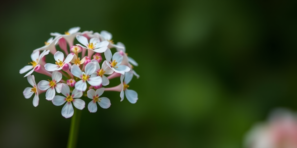 macro shot of a cluster of delicate white and pink flowers with a blurred green background, ISO 100, aperture f/2.8, shutter speed 1/200 sec, 50mm lens, taken with a DSLR camera