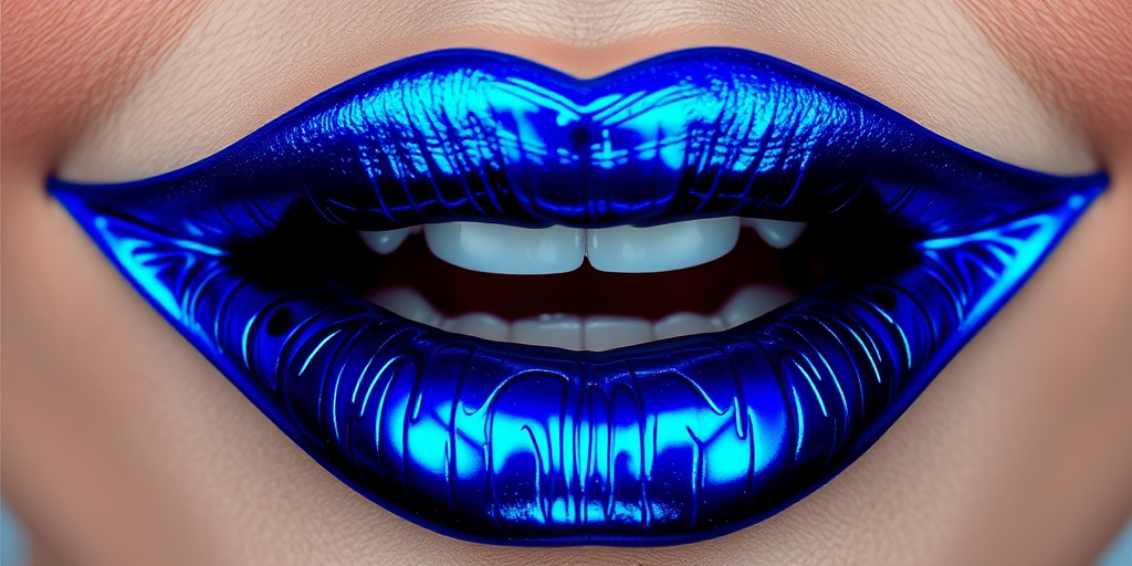 Bold electric blue lips with metallic sheen, sharp angular contours, dramatic overlined edges, daring and avant-garde Sapphire Voltage design