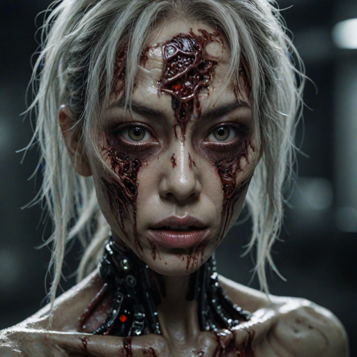 (perspective) of A creepy (ethnicity) zombie cyborg with (descriptive color) skin, (color) lipstick (color) liquid flowing from her eyes and mouth, (perspective two) portrait, (camera angle), extremely detailed, (art style) in the style of Yoshitaka Amano and Tetsuo Hara. --ar 85:128 --style raw --niji 6