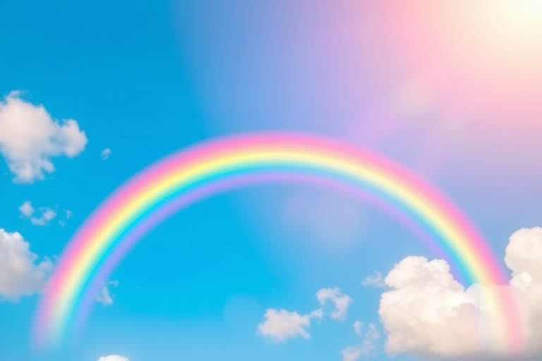 Create a bright, whimsical scene featuring a vivid rainbow arching across a clear blue sky, surrounded by fluffy pink and white clouds, soft-focus background, f/8 aperture, ISO 100, 50mm lens, capturing vibrant colors and gentle light.